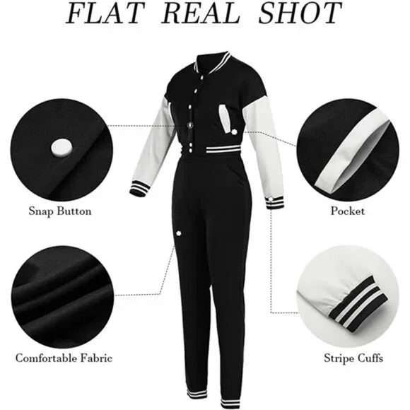 Women Varsity Sweatsuit Button Down 2 Piece Outfit Slim Tracksuit Set - Picture 3 of 6